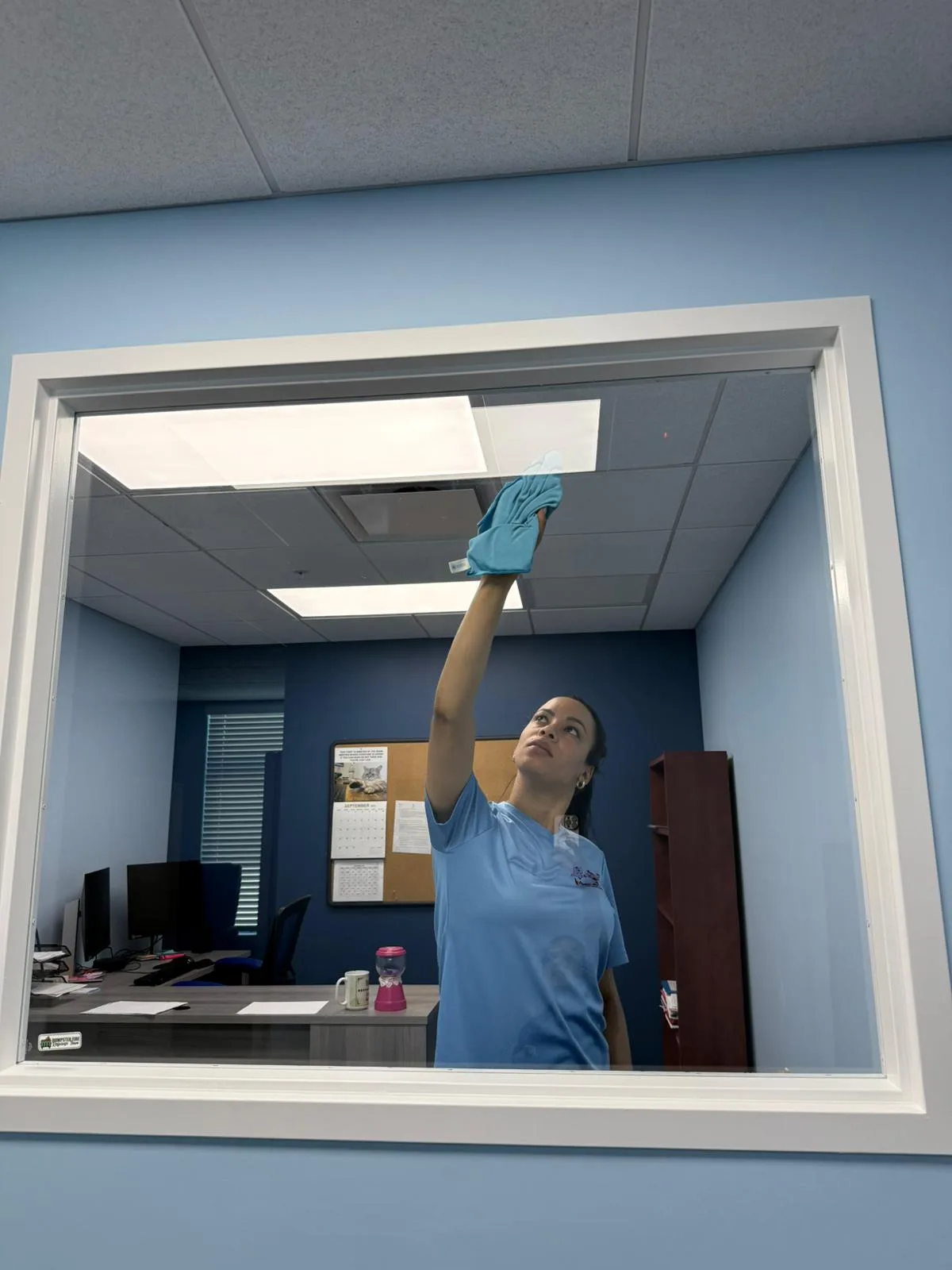 Manatee Ladies team member cleaning an office interior in Sarasota County, following a daily, weekly, and monthly cleaning checklist