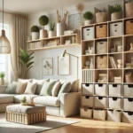 A bright and modern living room featuring creative storage solutions, including decorative baskets, floating shelves with books and plants, and a sofa with built-in drawers, showcasing a clean and organized space.